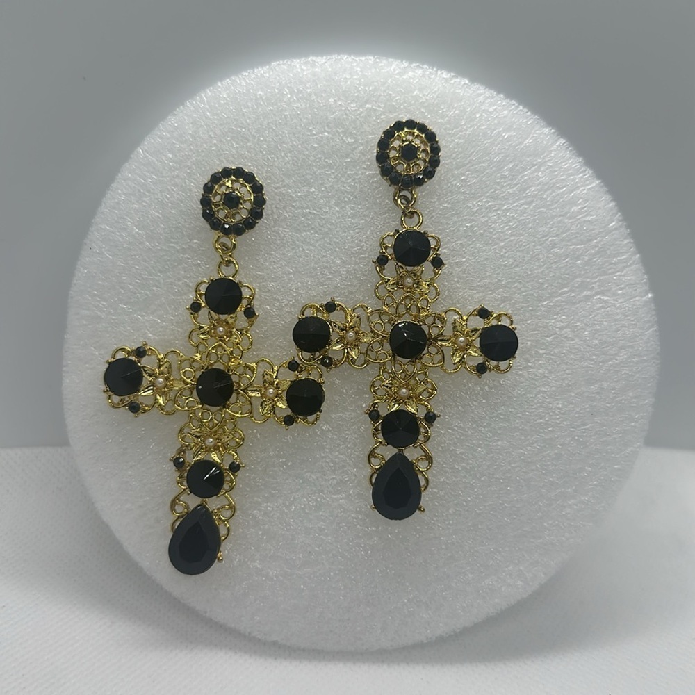 Statement Black & Gold Cross Earrings - Gothic, Victorian, Elegant 3.5" Drop - Picture 9 of 11
